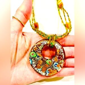 VTG Signed CJ Foiled Art Glass Millefiori Flower 3-Strand Pendant Necklace 22”